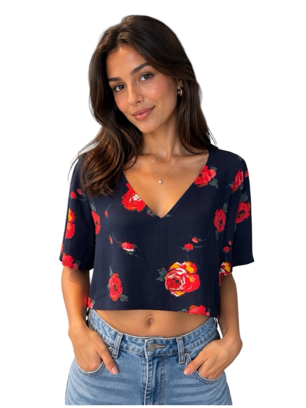 Aritzia Babaton Black Rose Print V-Neck‎ Randy Blouse Crop Shirt M Boho